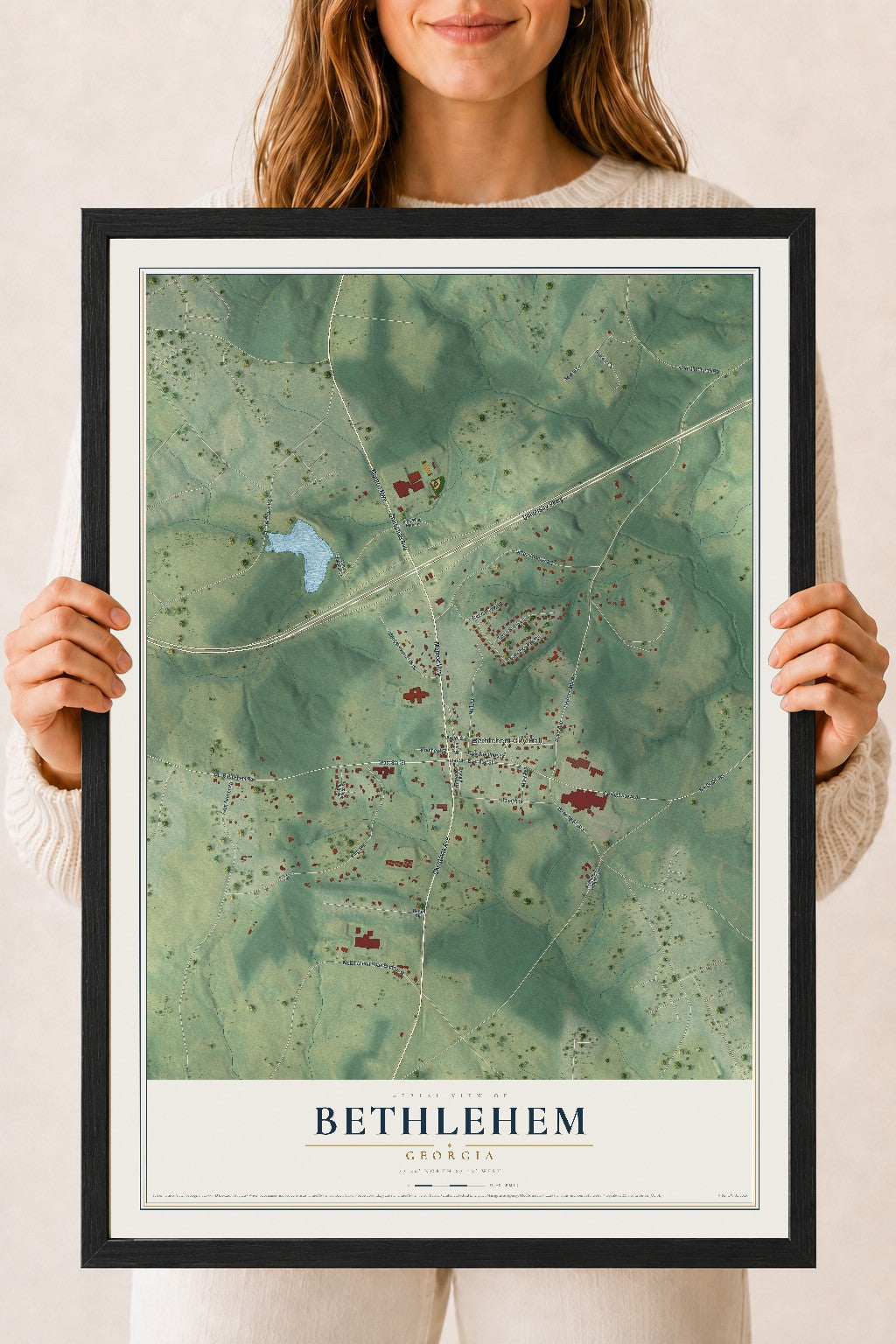 Bethlehem, Georgia map print, 18" x 24" W/ Black Ayous Wood Frame mockup