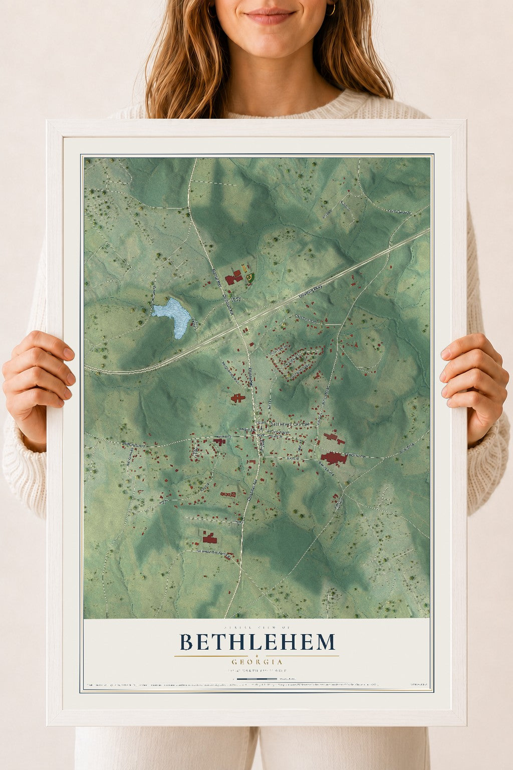 Bethlehem, Georgia map print, 18" x 24" W/ White Ayous Wood Frame mockup