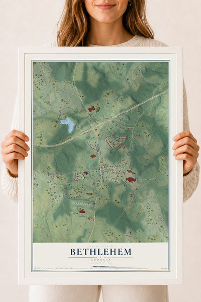 Bethlehem, Georgia map print, 18" x 24" W/ White Ayous Wood Frame mockup