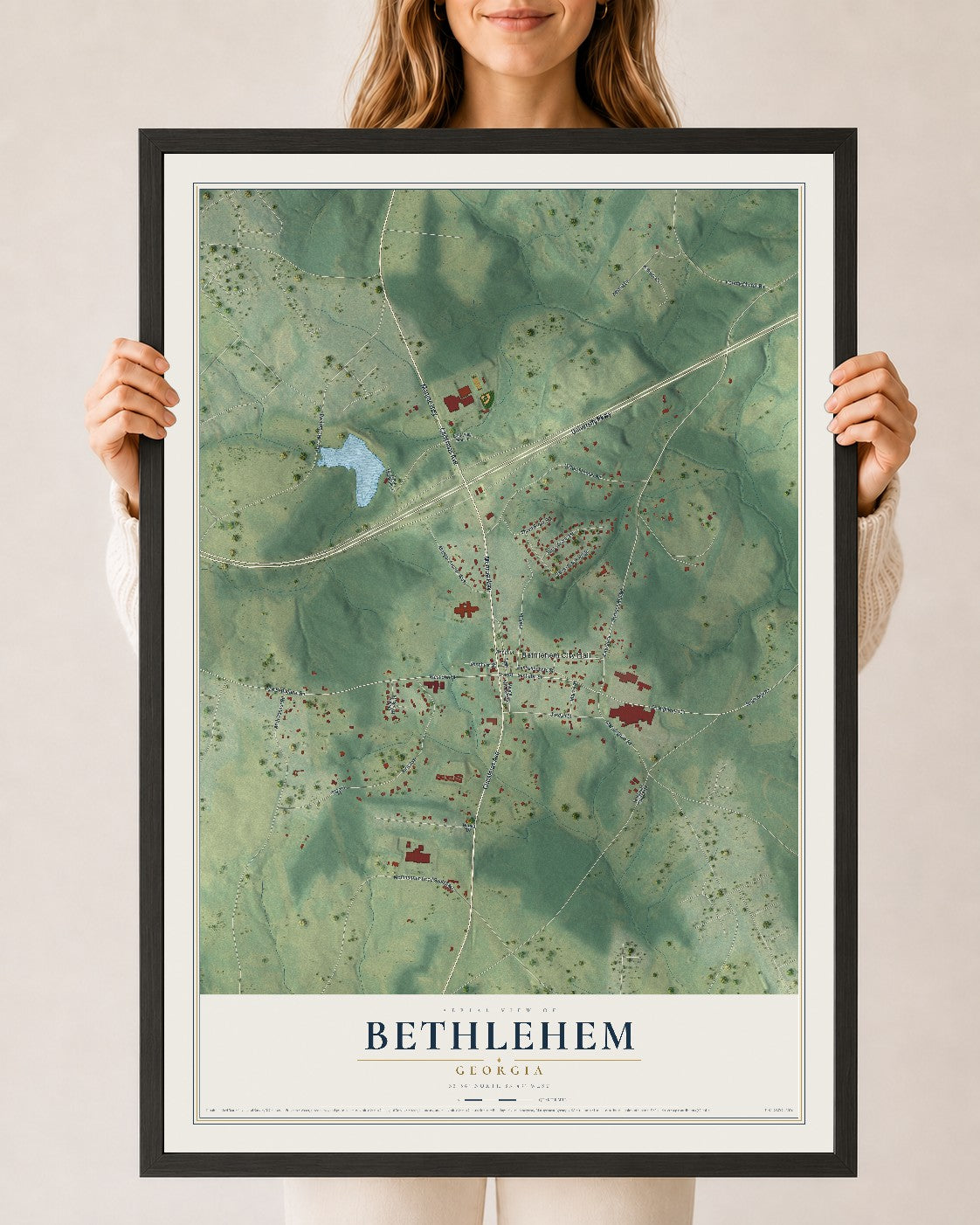 Bethlehem, Georgia map print, 24" x 36" W/ Black Ayous Wood Frame mockup