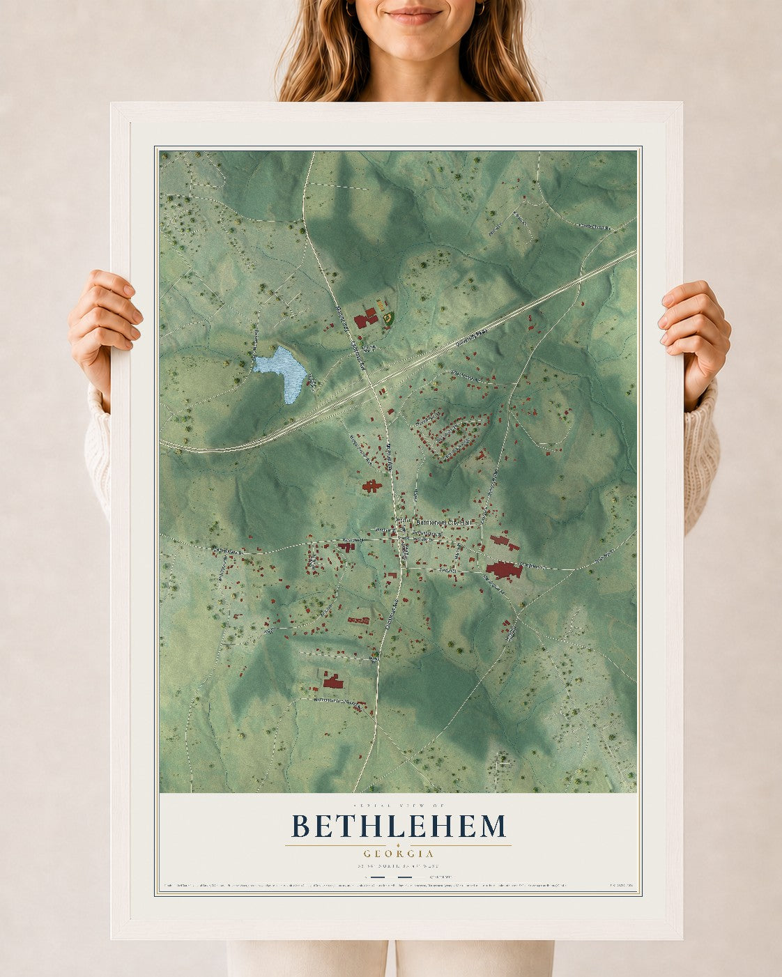 Bethlehem, Georgia map print, 24" x 36" W/ White Ayous Wood Frame mockup