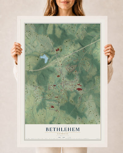 Bethlehem, Georgia map print, 24" x 36" W/ White Ayous Wood Frame mockup