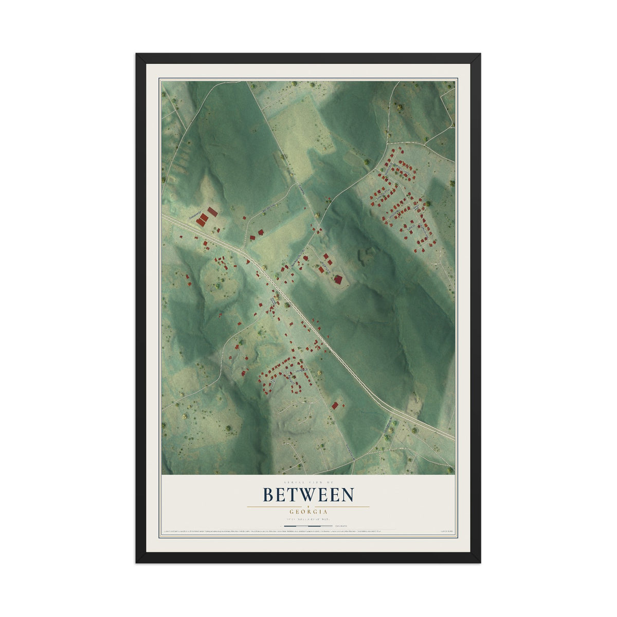 Between, Georgia map print, 12" x 18" W/ Black Ayous Wood Frame mockup