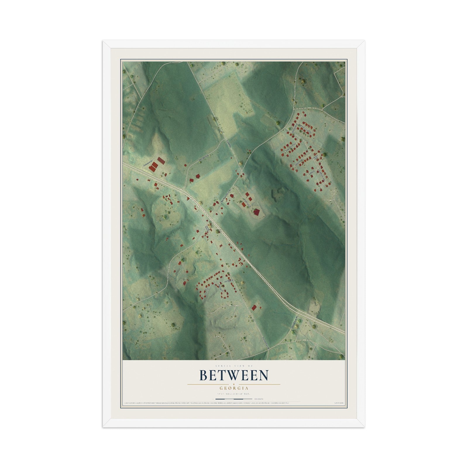 Between, Georgia map print, 12" x 18" W/ White Ayous Wood Frame mockup