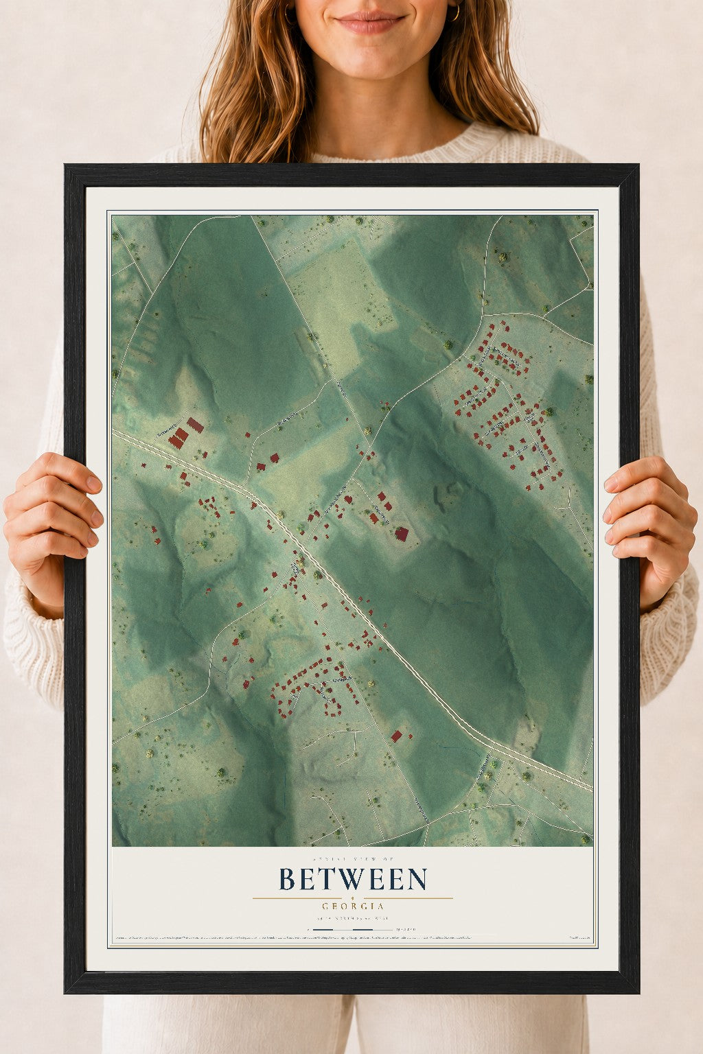 Between, Georgia map print, 18" x 24" W/ Black Ayous Wood Frame mockup