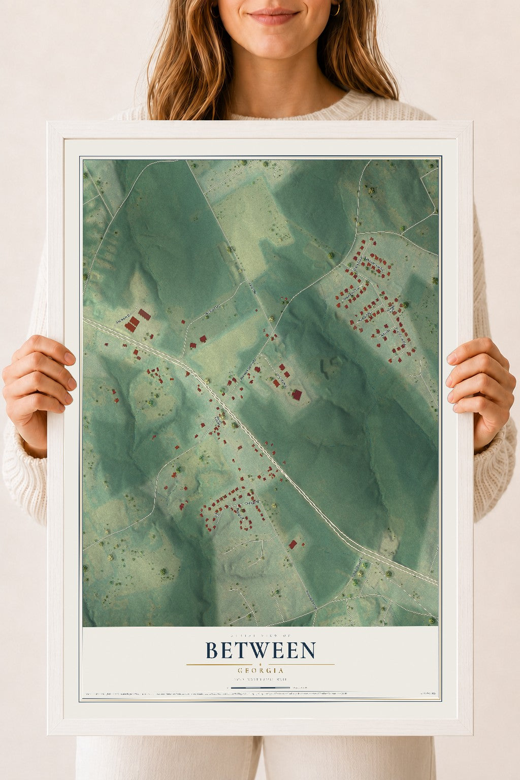 Between, Georgia map print, 18" x 24" W/ White Ayous Wood Frame mockup