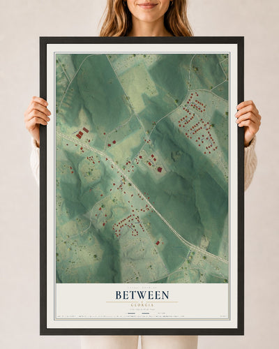 Between, Georgia map print, 24" x 36" W/ Black Ayous Wood Frame mockup