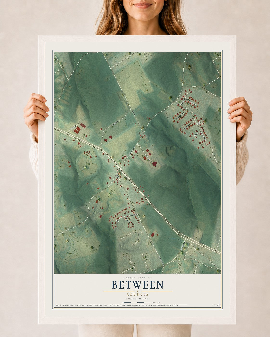 Between, Georgia map print, 24" x 36" W/ White Ayous Wood Frame mockup