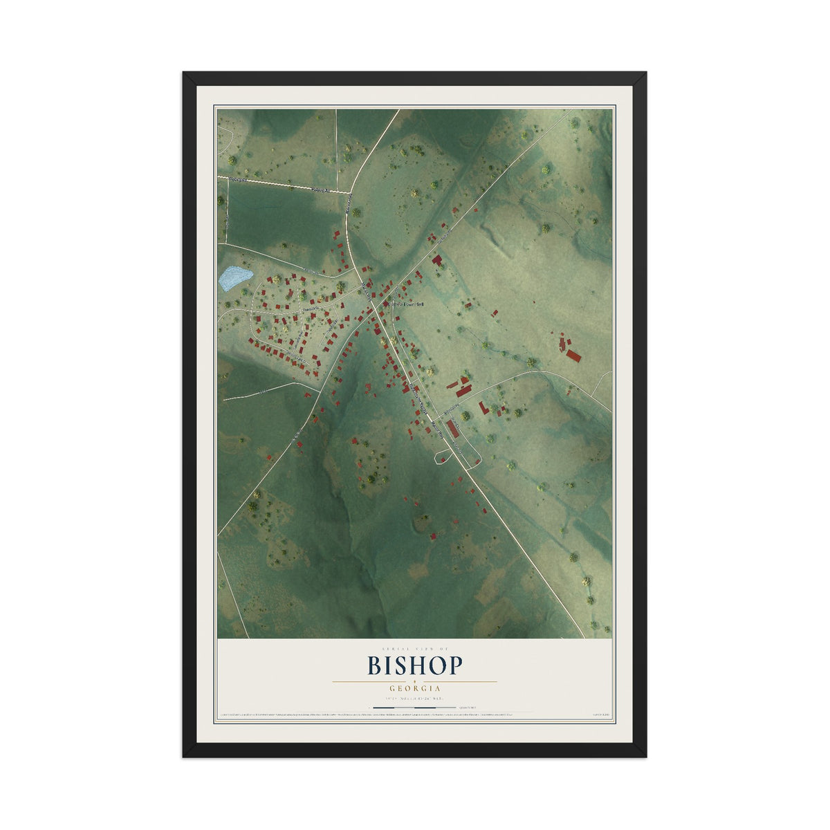 Bishop, Georgia map print, 12" x 18" W/ Black Ayous Wood Frame mockup