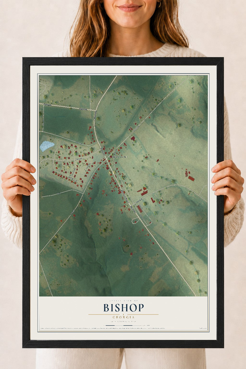 Bishop, Georgia map print, 18" x 24" W/ Black Ayous Wood Frame mockup