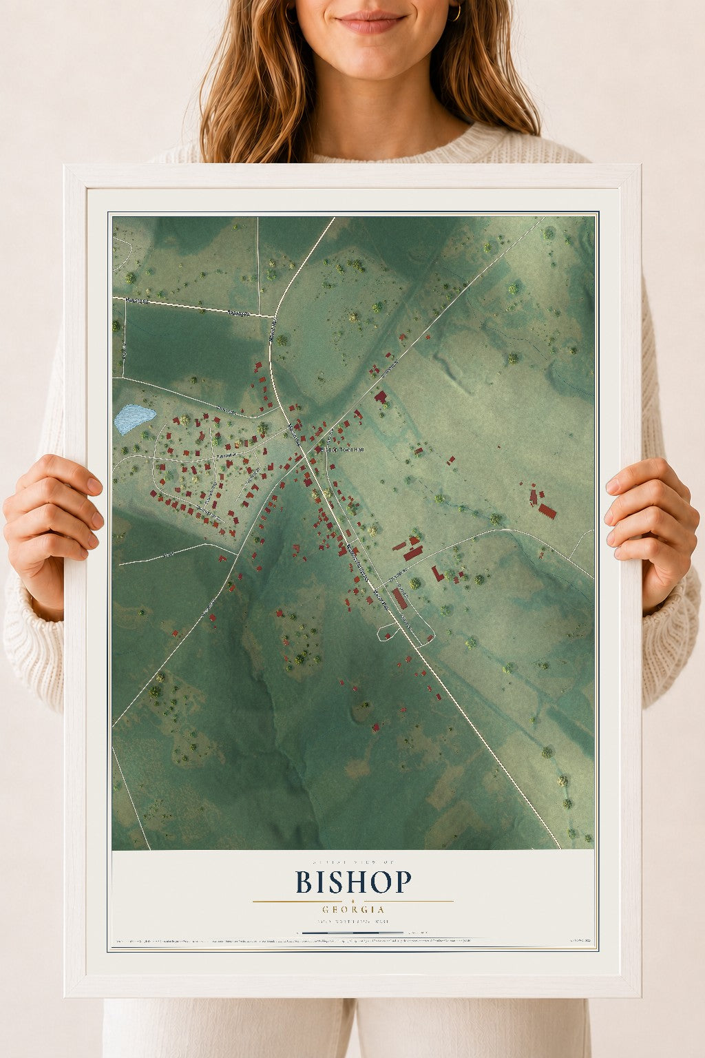 Bishop, Georgia map print, 18" x 24" W/ White Ayous Wood Frame mockup