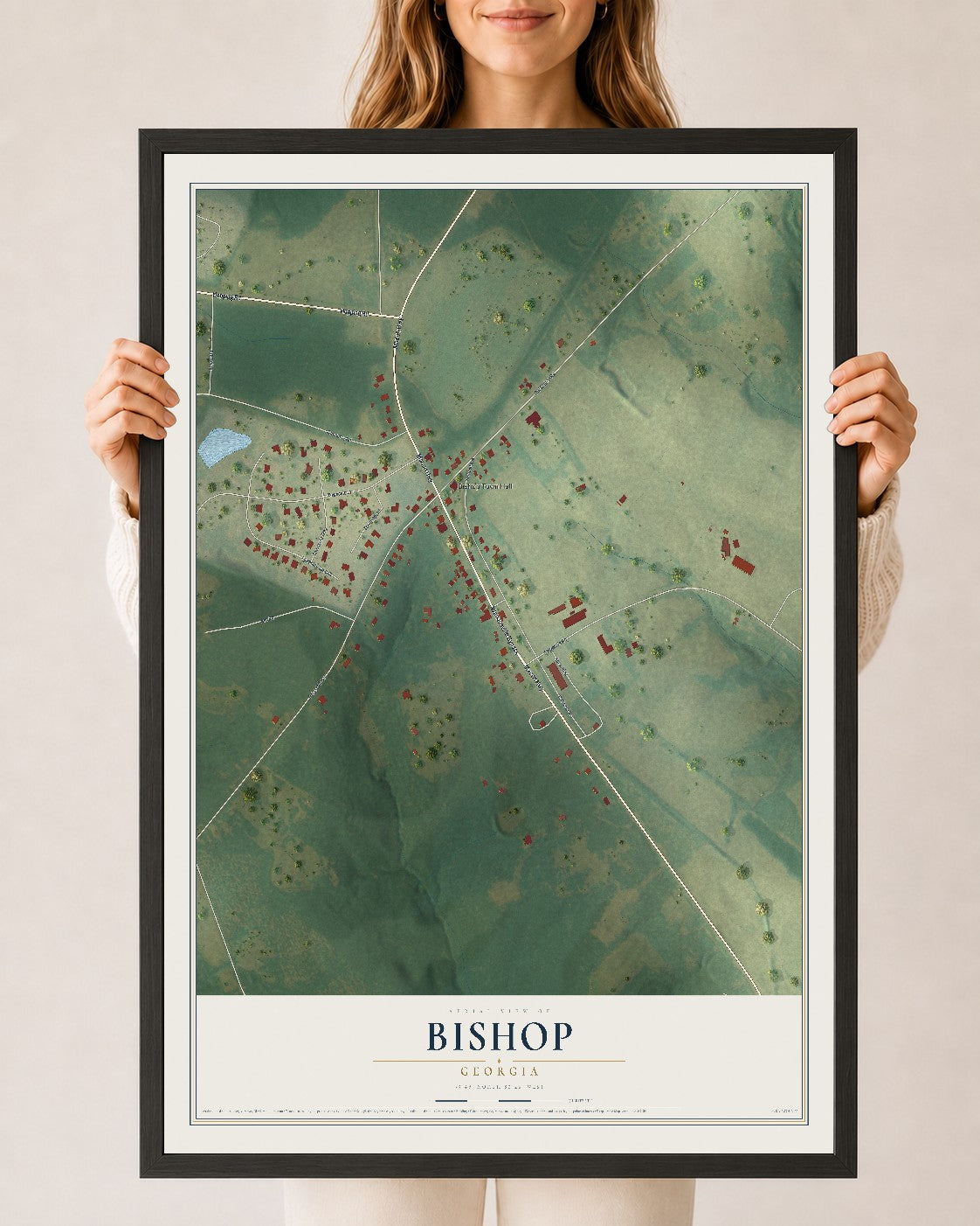 Bishop, Georgia map print, 24" x 36" W/ Black Ayous Wood Frame mockup
