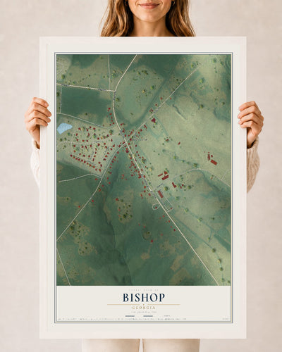 Bishop, Georgia map print, 24" x 36" W/ White Ayous Wood Frame mockup