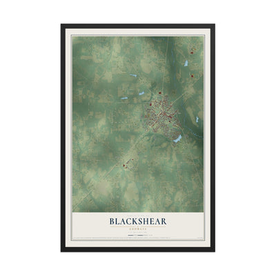 Blackshear, Georgia map print, 12" x 18" W/ Black Ayous Wood Frame mockup