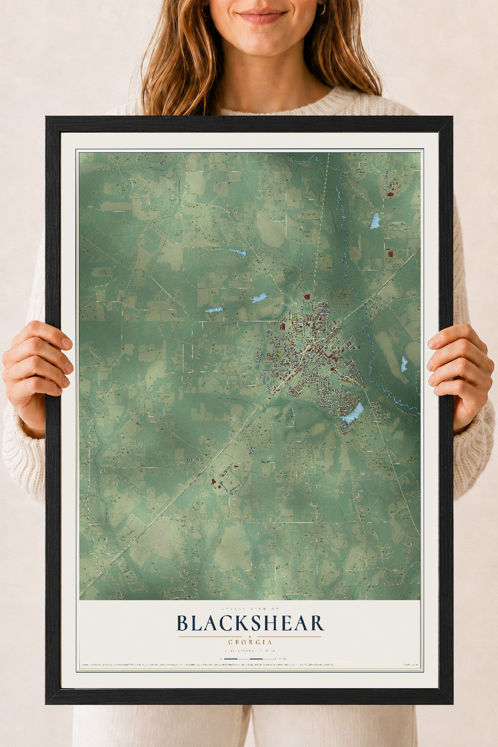 Blackshear, Georgia map print, 18" x 24" W/ Black Ayous Wood Frame mockup