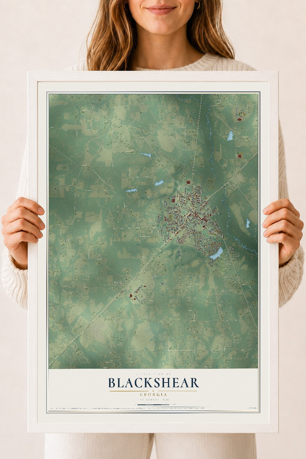 Blackshear, Georgia map print, 18" x 24" W/ White Ayous Wood Frame mockup