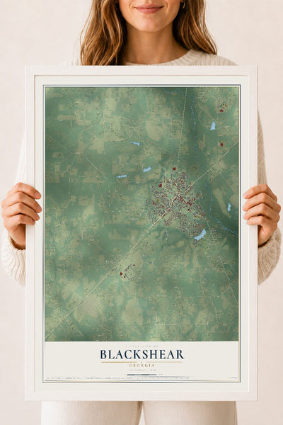 Blackshear, Georgia map print, 18" x 24" W/ White Ayous Wood Frame mockup