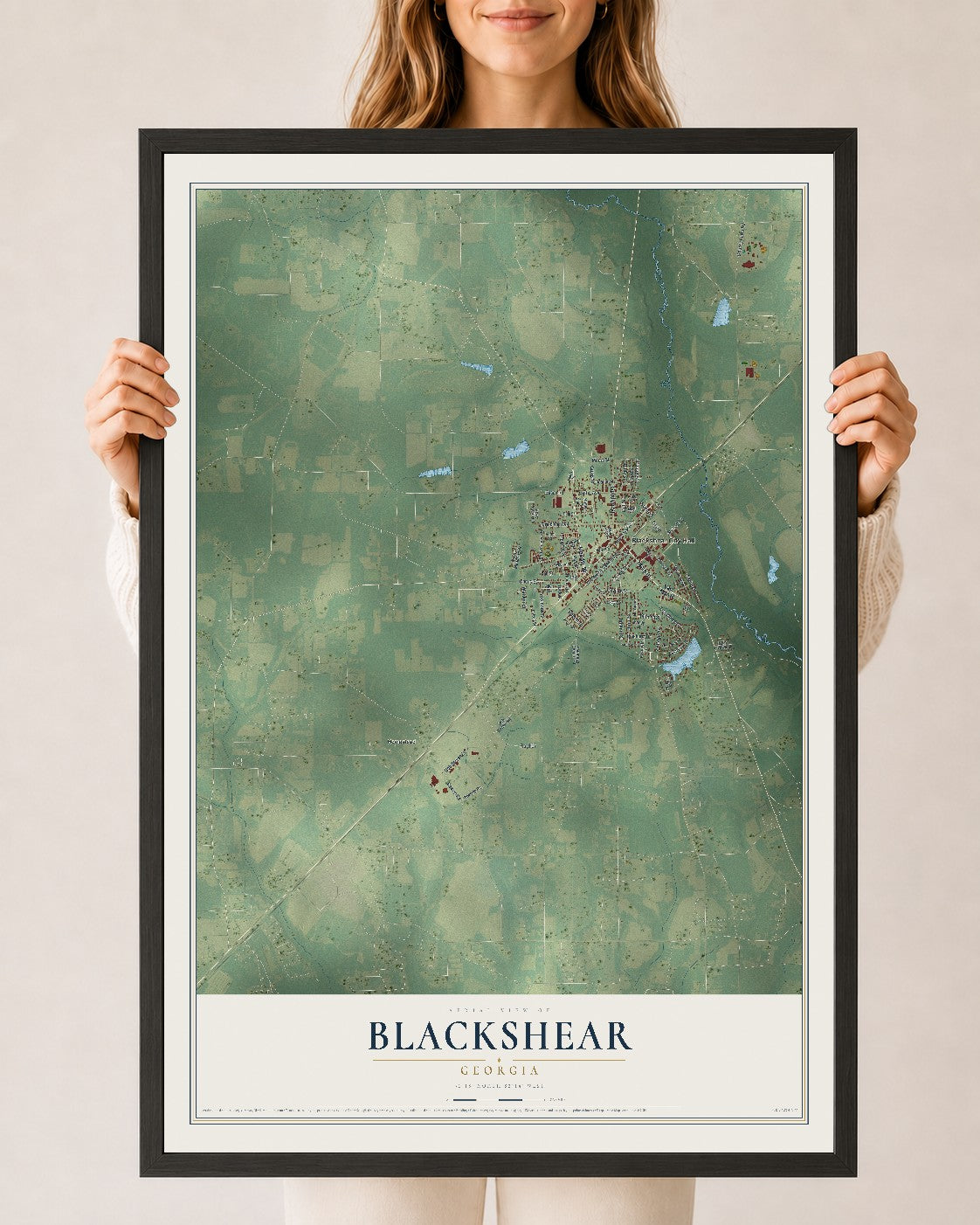 Blackshear, Georgia map print, 24" x 36" W/ Black Ayous Wood Frame mockup
