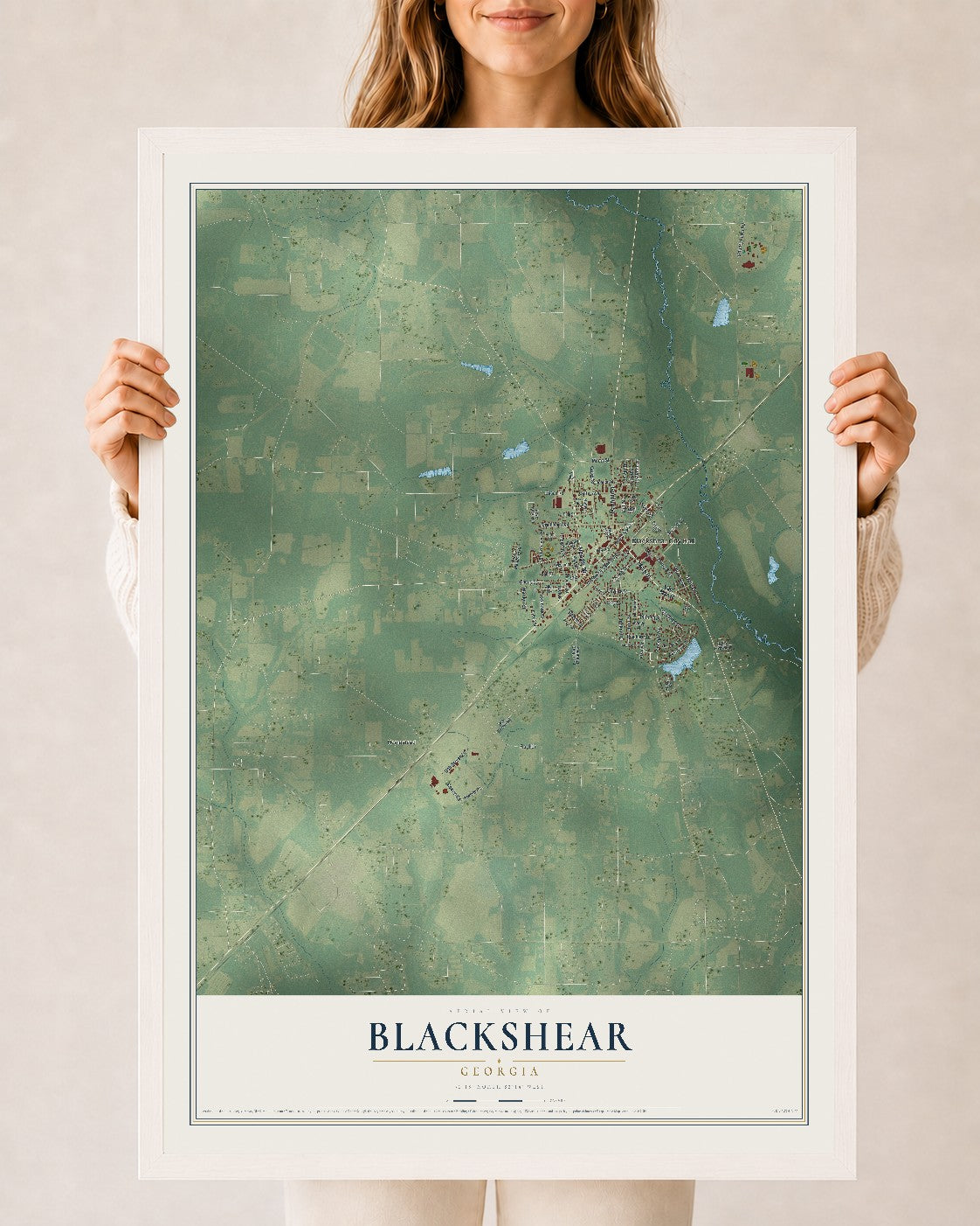 Blackshear, Georgia map print, 24" x 36" W/ White Ayous Wood Frame mockup