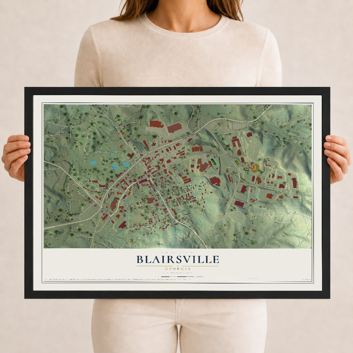 Blairsville, Georgia map print, 12" x 18" W/ Black Ayous Wood Frame mockup