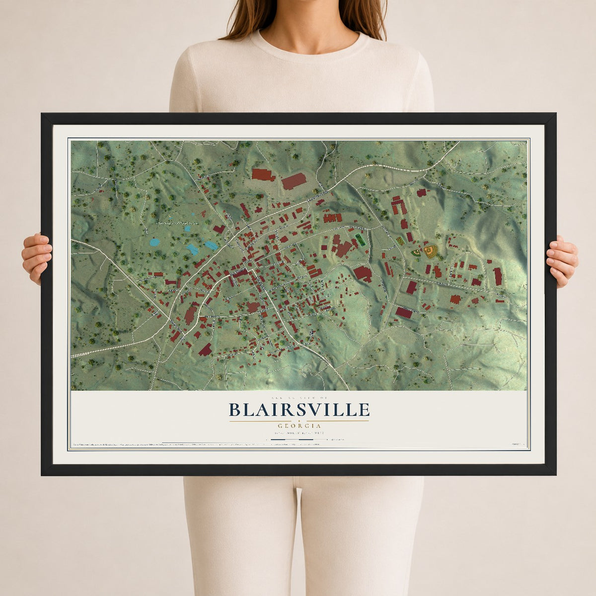 Blairsville, Georgia map print, 24" x 36" W/ Black Ayous Wood Frame mockup