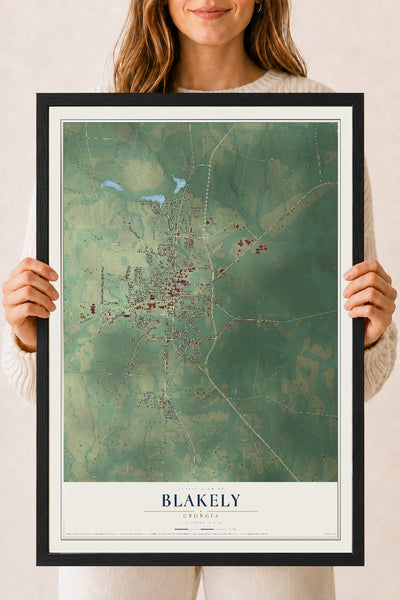 Blakely, Georgia map print, 18" x 24" W/ Black Ayous Wood Frame mockup
