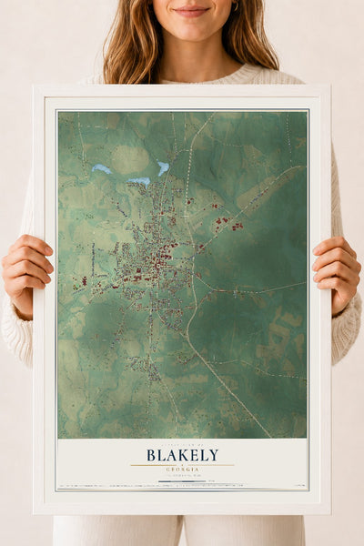 Blakely, Georgia map print, 18" x 24" W/ White Ayous Wood Frame mockup