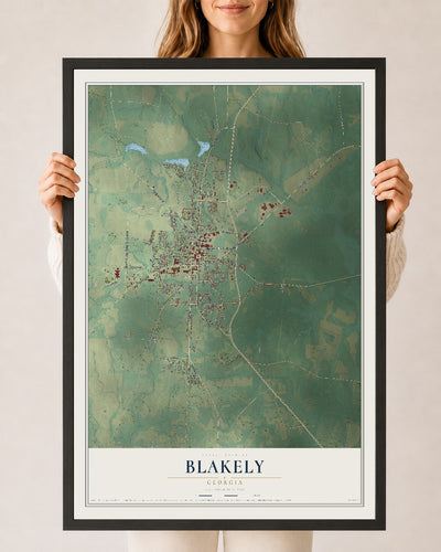 Blakely, Georgia map print, 24" x 36" W/ Black Ayous Wood Frame mockup