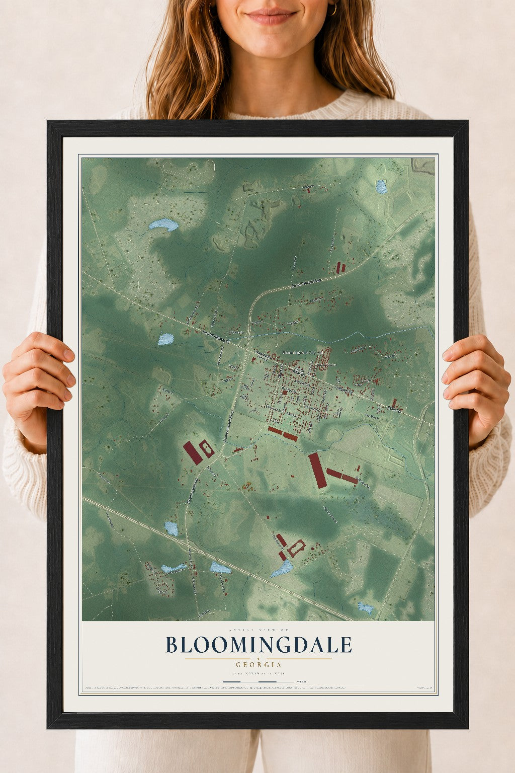 Bloomingdale, Georgia map print, 18" x 24" W/ Black Ayous Wood Frame mockup