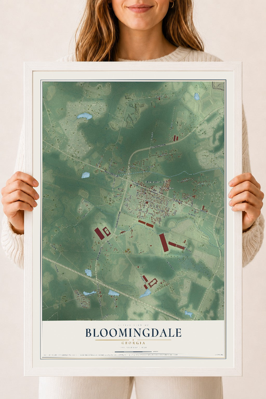 Bloomingdale, Georgia map print, 18" x 24" W/ White Ayous Wood Frame mockup