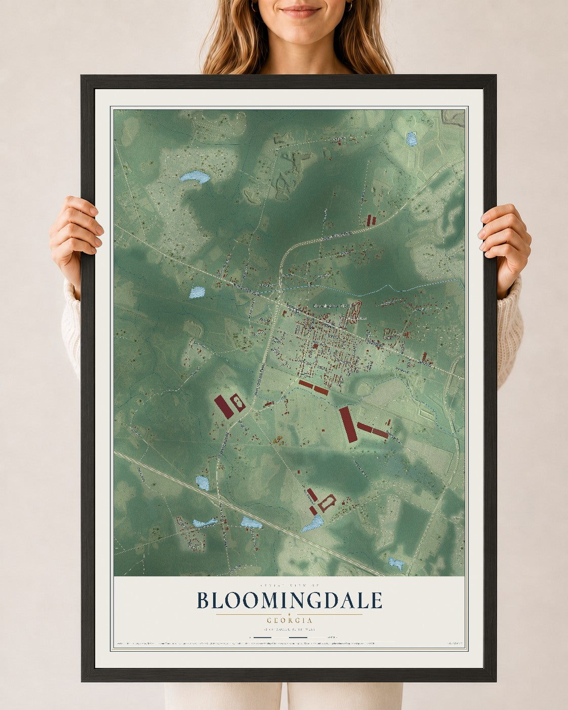 Bloomingdale, Georgia map print, 24" x 36" W/ Black Ayous Wood Frame mockup