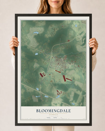 Bloomingdale, Georgia map print, 24" x 36" W/ Black Ayous Wood Frame mockup