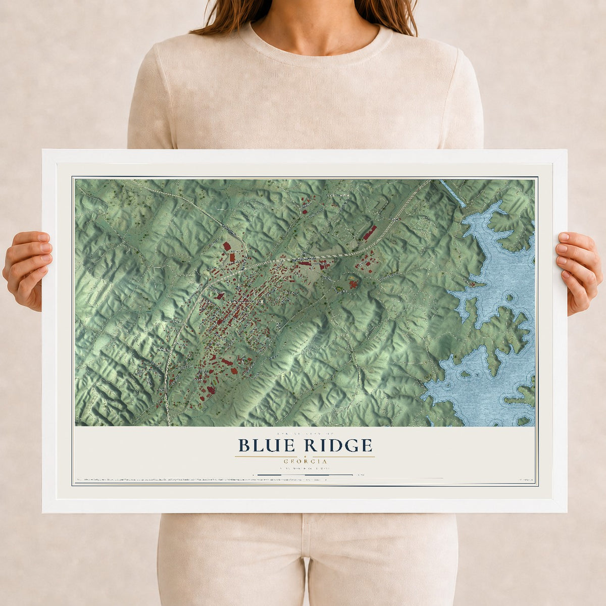 Blue Ridge, Georgia map print, 12" x 18" W/ White Ayous Wood Frame mockup