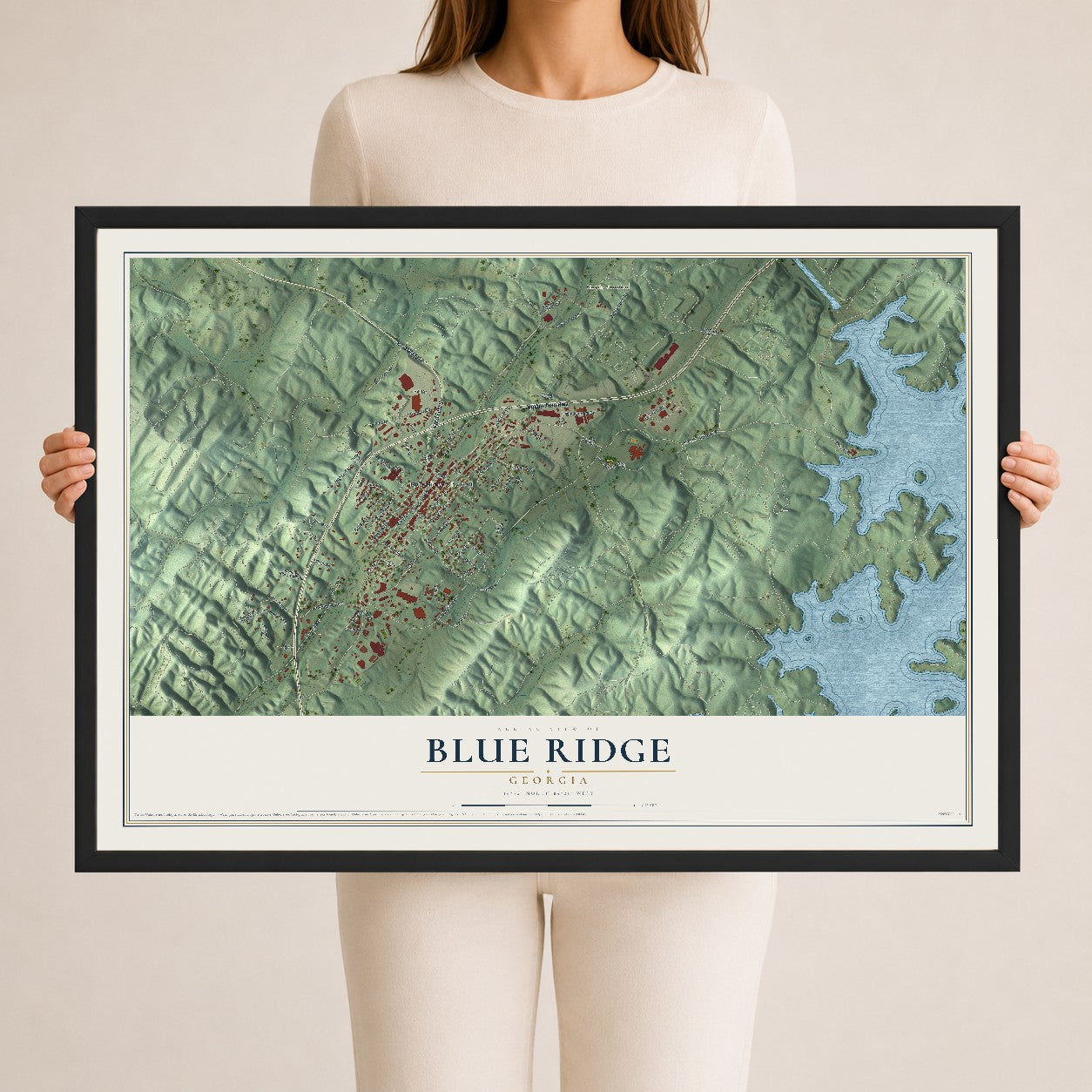 Blue Ridge, Georgia map print, 24" x 36" W/ Black Ayous Wood Frame mockup
