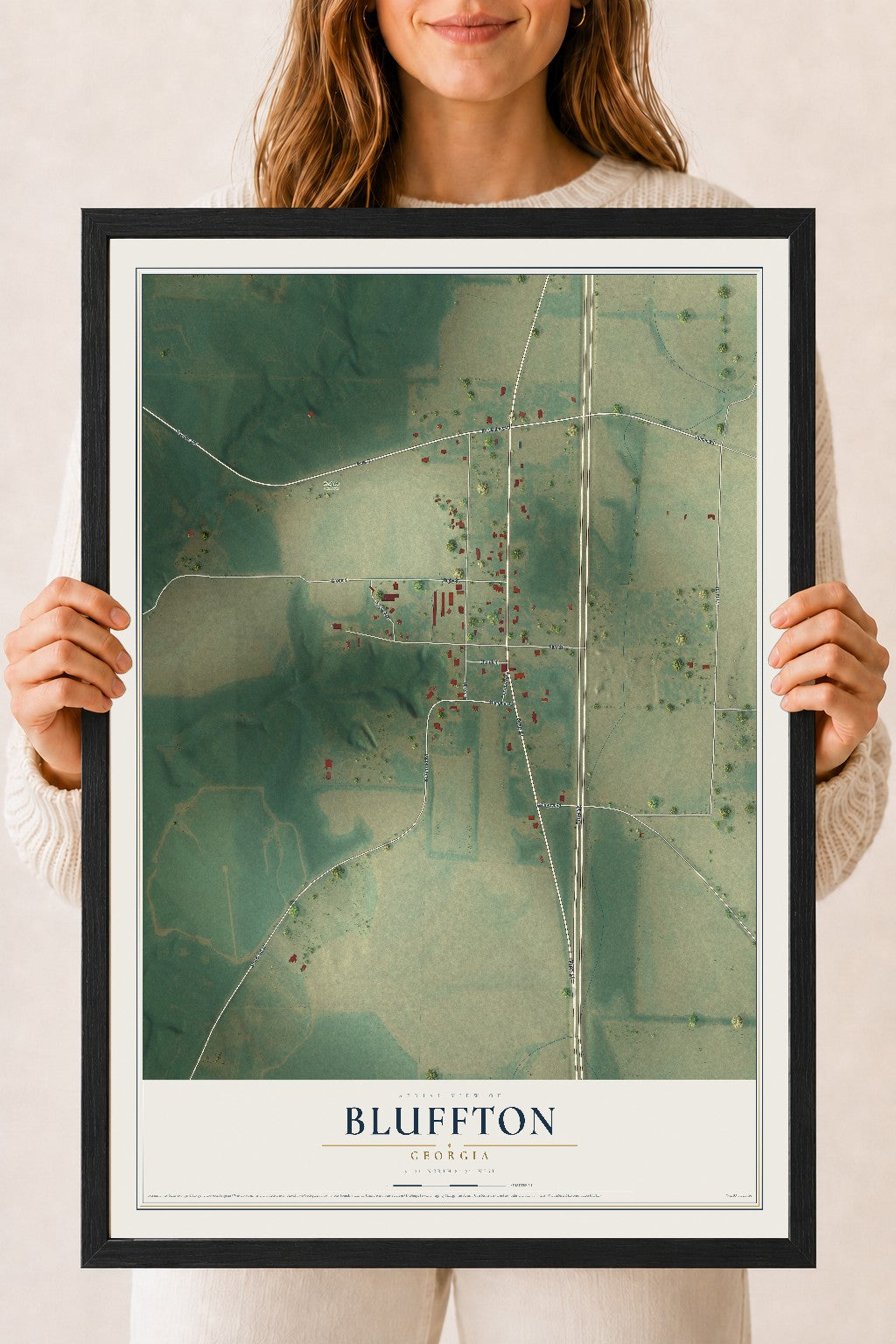 Bluffton, Georgia map print, 18" x 24" W/ Black Ayous Wood Frame mockup
