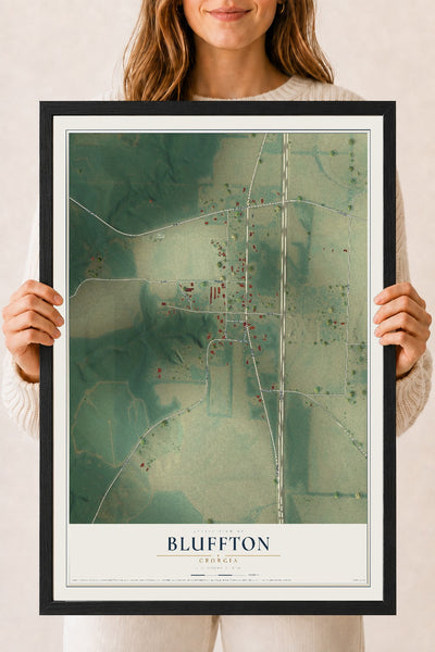 Bluffton, Georgia map print, 18" x 24" W/ Black Ayous Wood Frame mockup