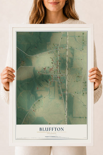 Bluffton, Georgia map print, 18" x 24" W/ White Ayous Wood Frame mockup