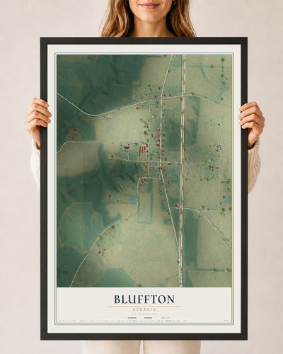 Bluffton, Georgia map print, 24" x 36" W/ Black Ayous Wood Frame mockup
