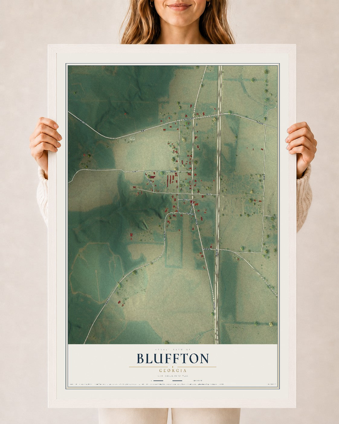 Bluffton, Georgia map print, 24" x 36" W/ White Ayous Wood Frame mockup