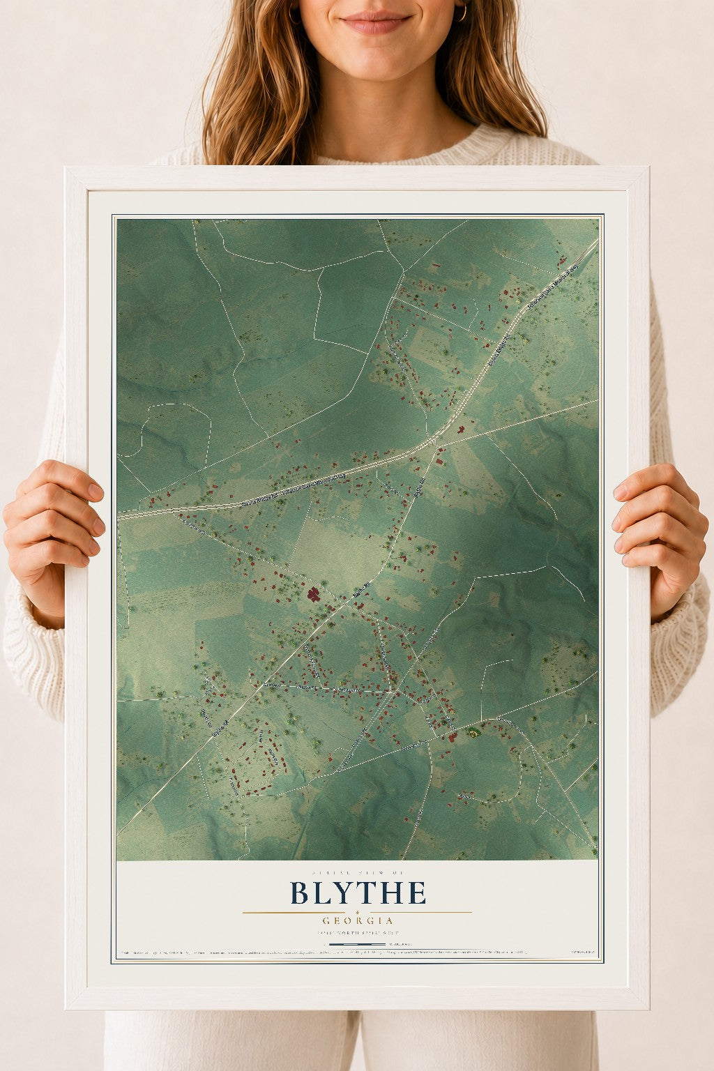 Blythe, Georgia map print, 18" x 24" W/ White Ayous Wood Frame mockup