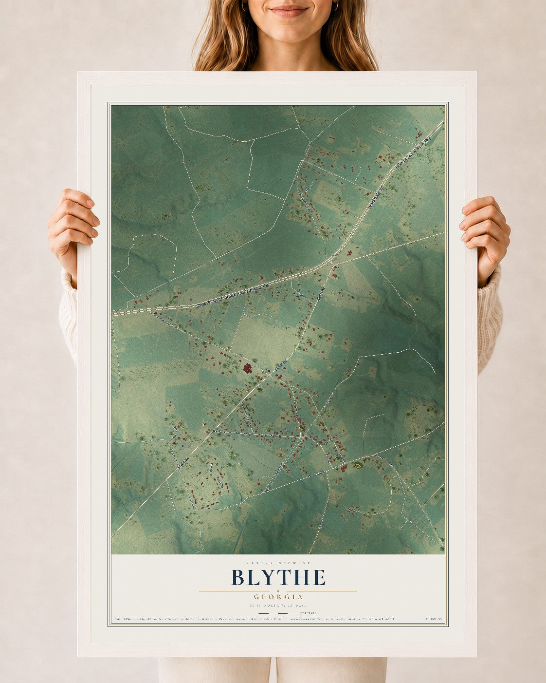 Blythe, Georgia map print, 24" x 36" W/ White Ayous Wood Frame mockup