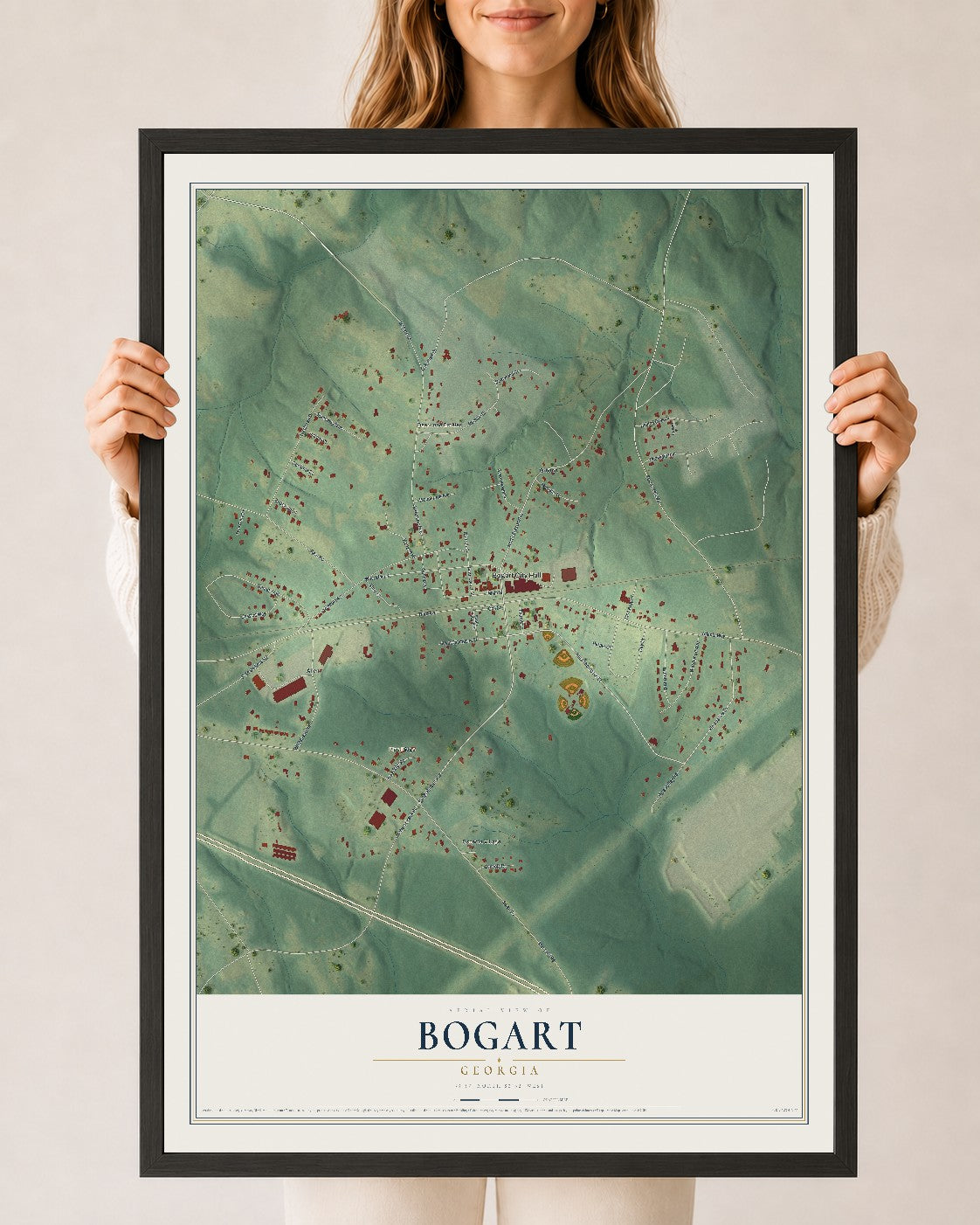 Bogart, Georgia map print, 24" x 36" W/ Black Ayous Wood Frame mockup