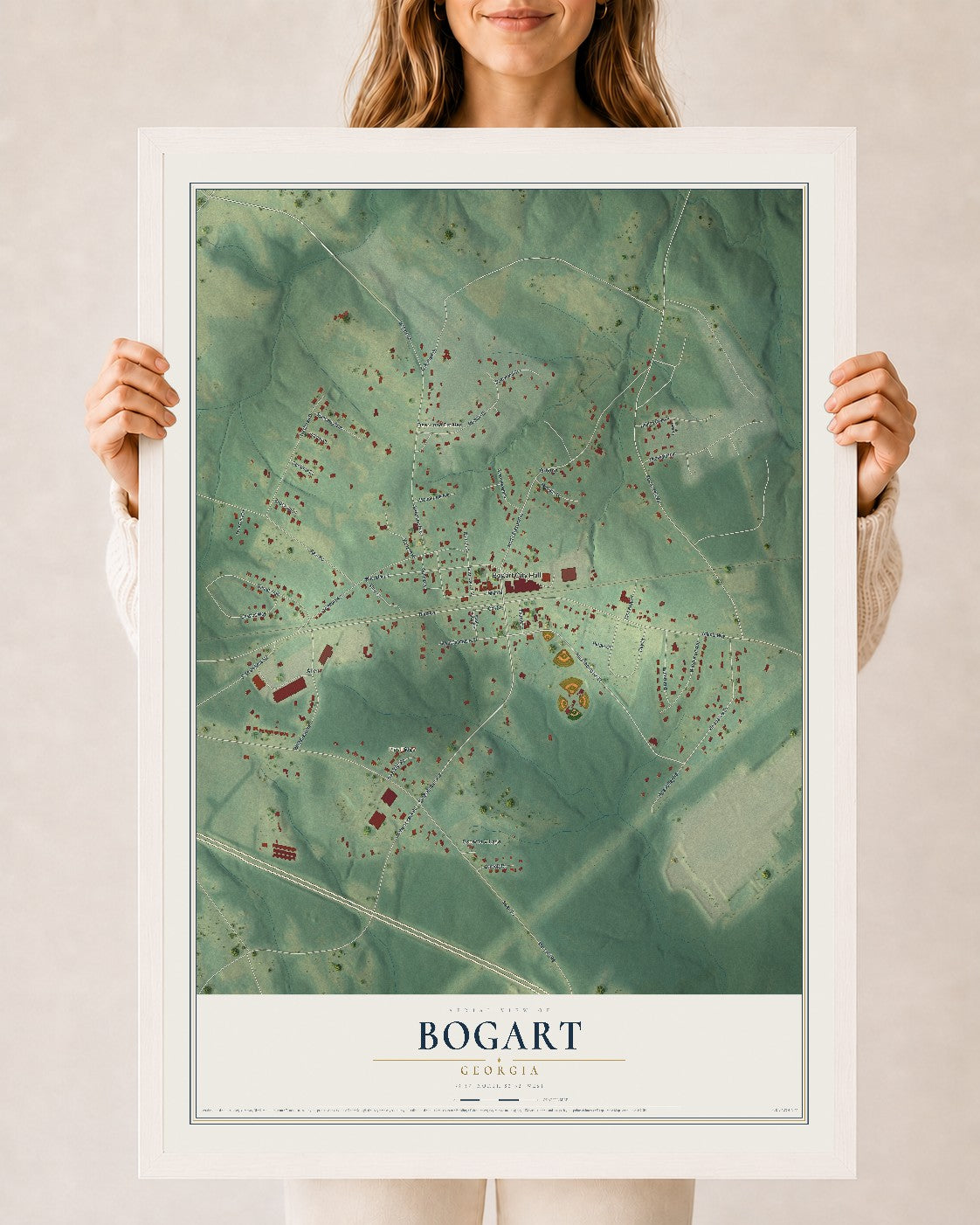 Bogart, Georgia map print, 24" x 36" W/ White Ayous Wood Frame mockup