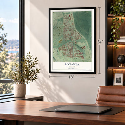 Bonanza, Georgia map, 18 x 24 inch print in a black frame in a home office