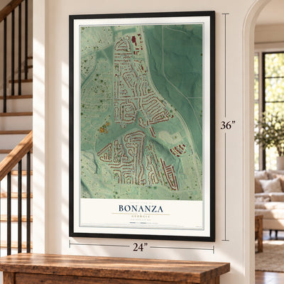 Bonanza, Georgia map, 24 x 36 inch print in a black frame by a staircase