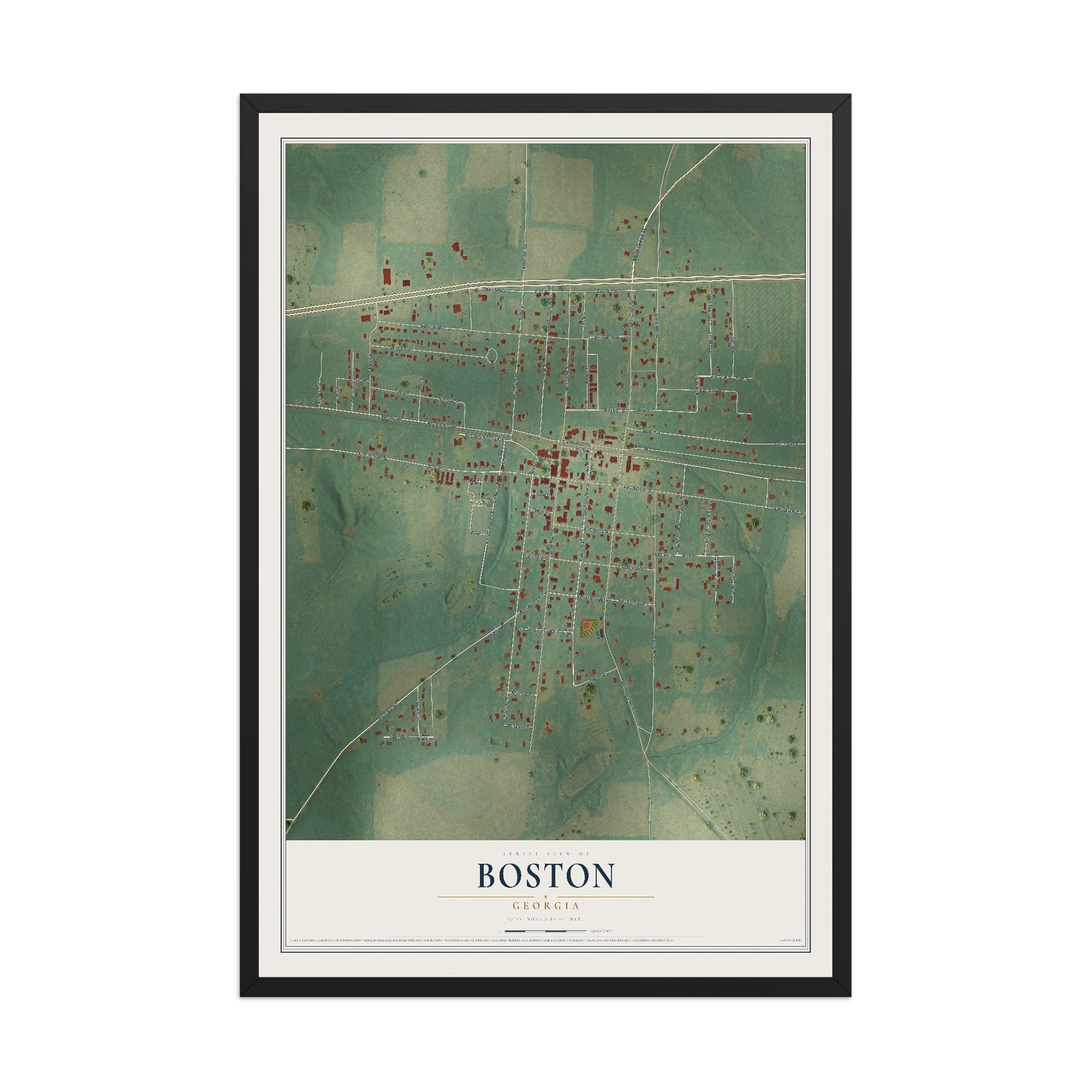 Boston, Georgia map print, 12" x 18" W/ Black Ayous Wood Frame mockup