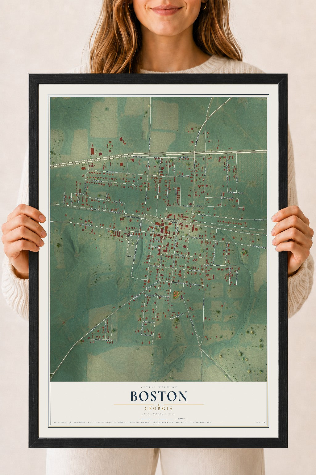 Boston, Georgia map print, 18" x 24" W/ Black Ayous Wood Frame mockup