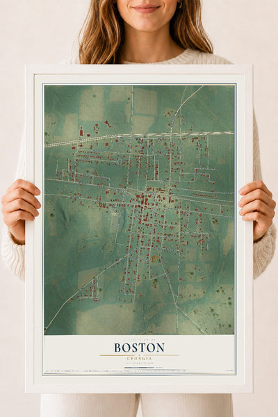 Boston, Georgia map print, 18" x 24" W/ White Ayous Wood Frame mockup