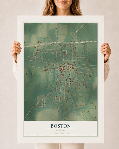 Boston, Georgia map print, 24" x 36" W/ White Ayous Wood Frame mockup