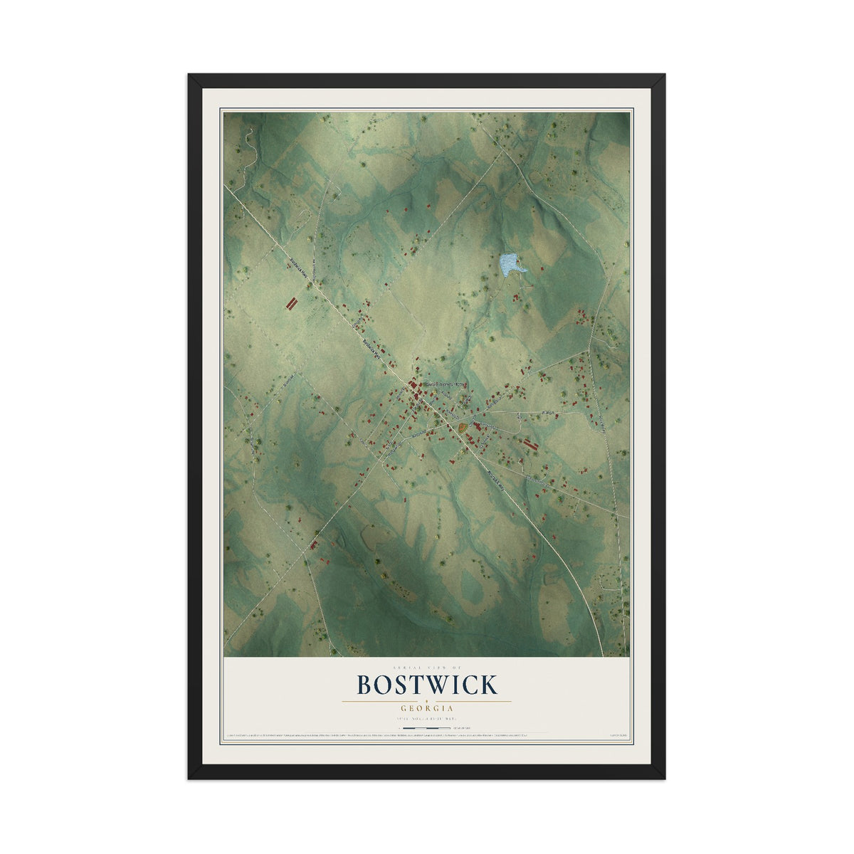 Bostwick, Georgia map print, 12" x 18" W/ Black Ayous Wood Frame mockup